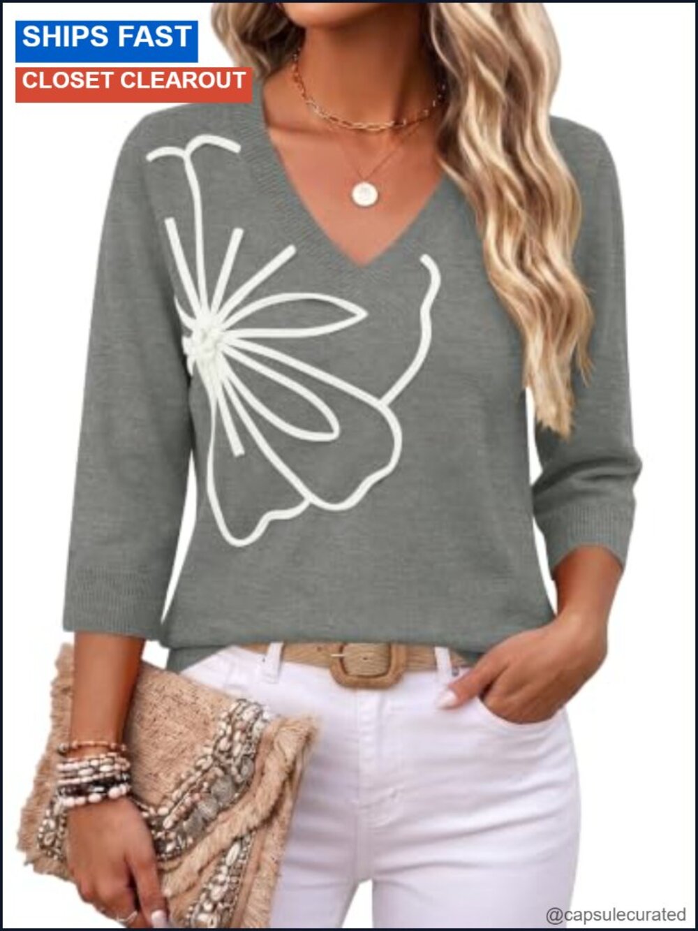 Women's V-Neck 3/4 Sleeve Floral Knit Pullover Sweater